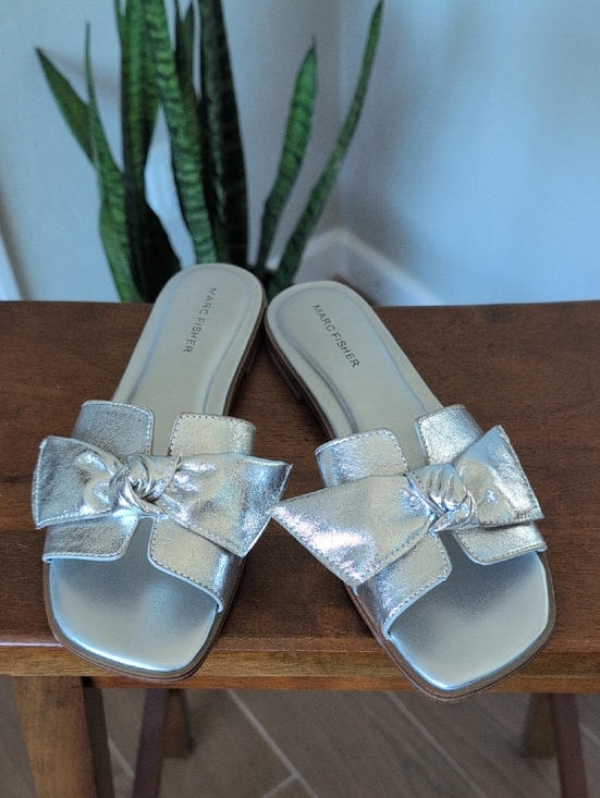 Marc Fisher Shoes - Marc Fisher Finey Silver Bow Slide Sandals - Women's Metallic Slip-On 8